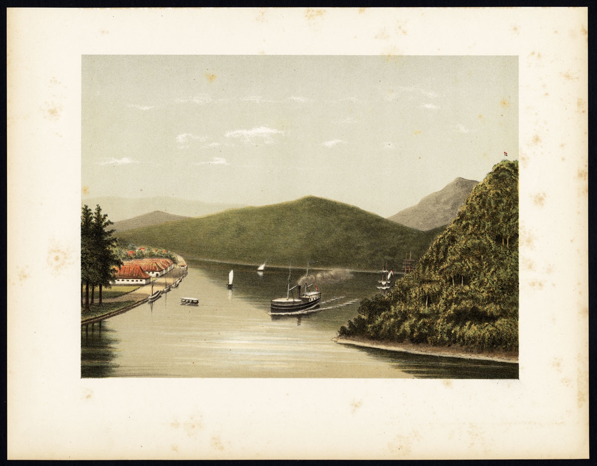 Antique Print of a Steamship at the Legundi Strait by Perelaer (1888)