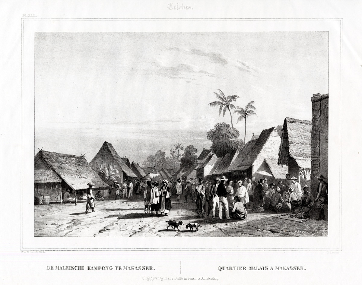 Pl.XLII Celebes - De Maleische Kampong te Makasser - Van de Velde (1844)